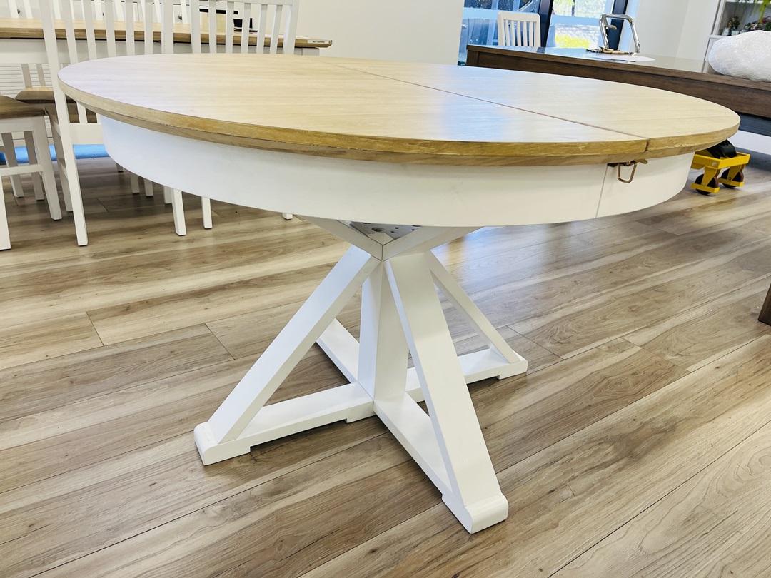 120-160 White Timber Round Extension Dining Table with Natural Tops 3