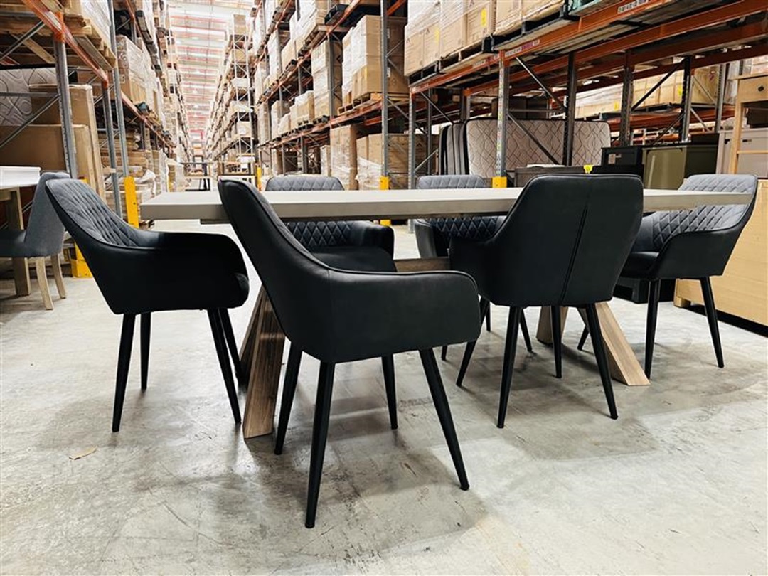 Grey Concrete Top Dining Table with 6 Dark Grey Fabric Chairs Set 3