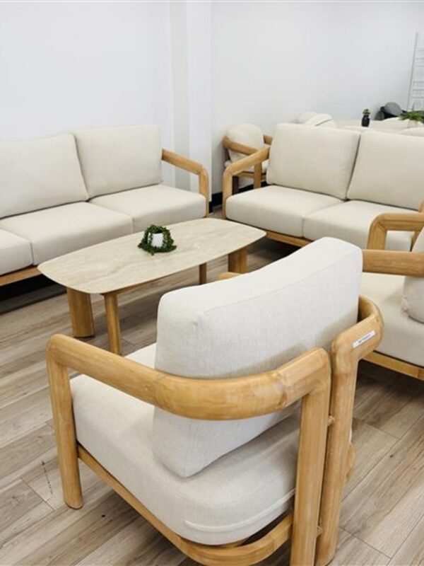 5pc Natural Timber Outdoor Sofa Set with Beige Cushions