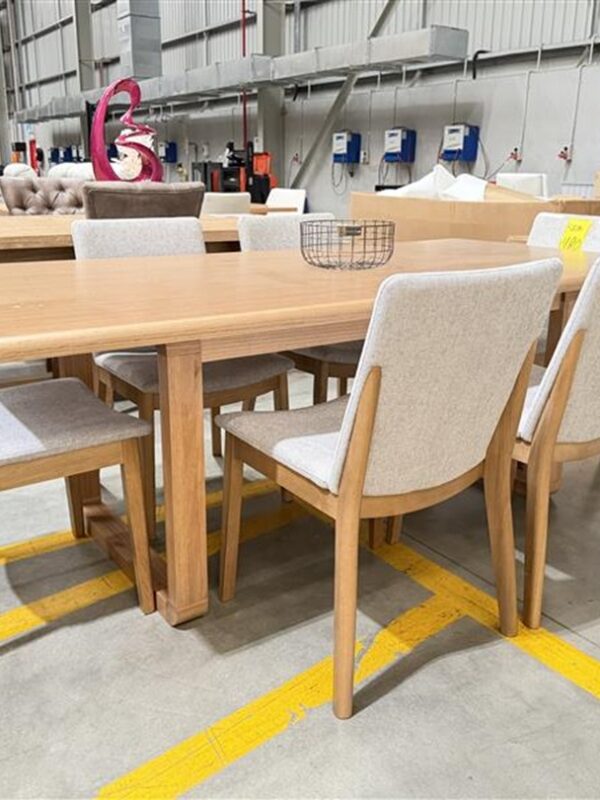 210cm Timber Dining Table with 6 Light Grey Fabric Dining Chairs Set