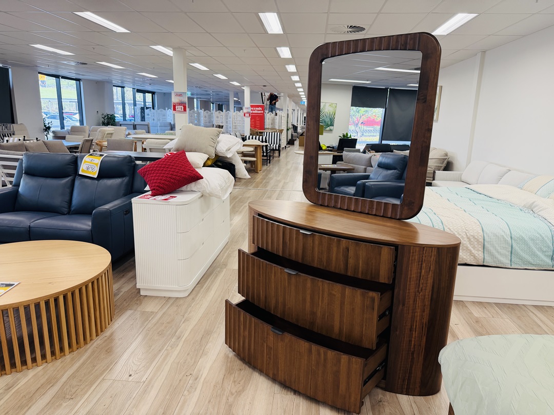 Mocca Timber 3 Drawer Curved Dresser with Mirror 2