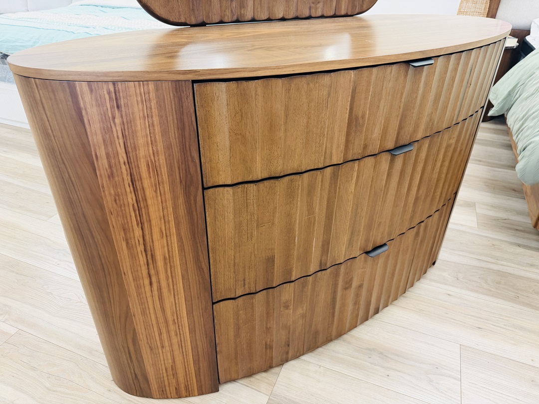 Mocca Timber 3 Drawer Curved Dresser with Mirror 3