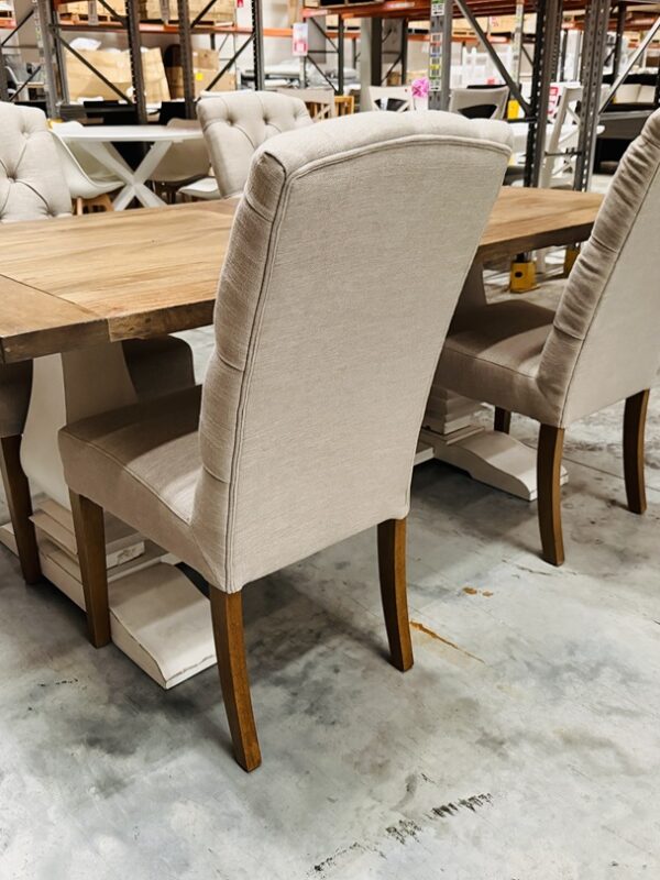 Pedestal Leg Timber Dining Table with 4 Beige Fabric Chairs Set